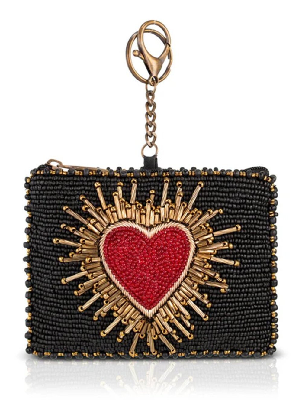 Mary Frances Affection Beaded Black Coin Purse Red Heart Love Zip Key Ring NEW